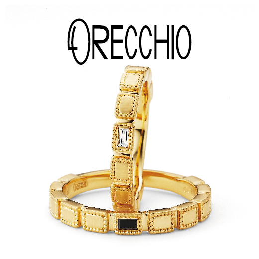 和歌山で人気の結婚指輪ブランドで四角いダイヤが特徴のORECCHIOでゴールドデザインの結婚指輪
