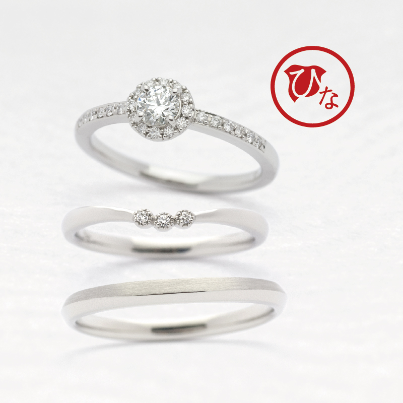 大阪で人気な高品質ダイヤモンドを使用した和風テイストのセットリングブランドのひなの婚約指輪の水花火と結婚指輪の花蕾のデザイン
