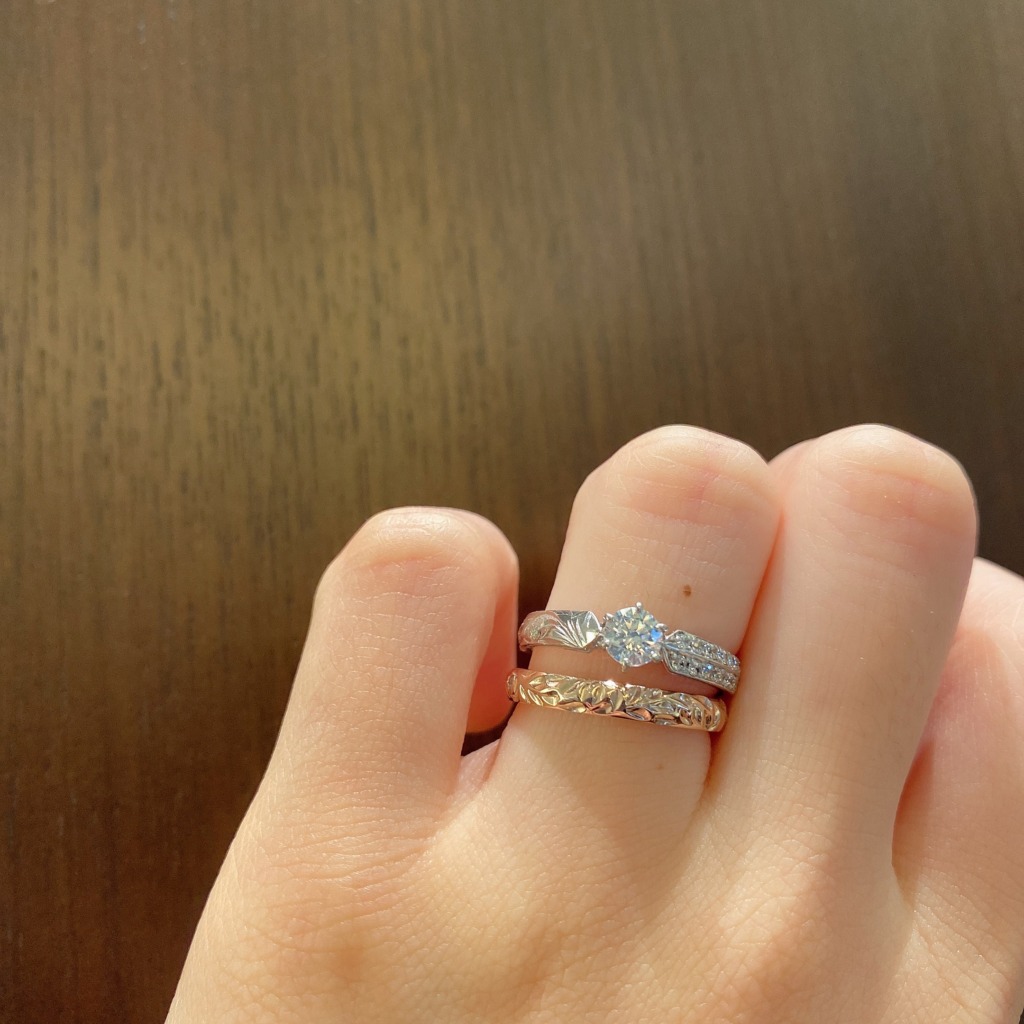 大規模セール ハワイアンジュエリー 結婚指輪 ペアリング ダイヤモンド 刻印無料 k18 イエローゴールド 18金 幅5mm スクロール 指輪 マリッジ リング メンズ レディース 末広 ハワジュ
