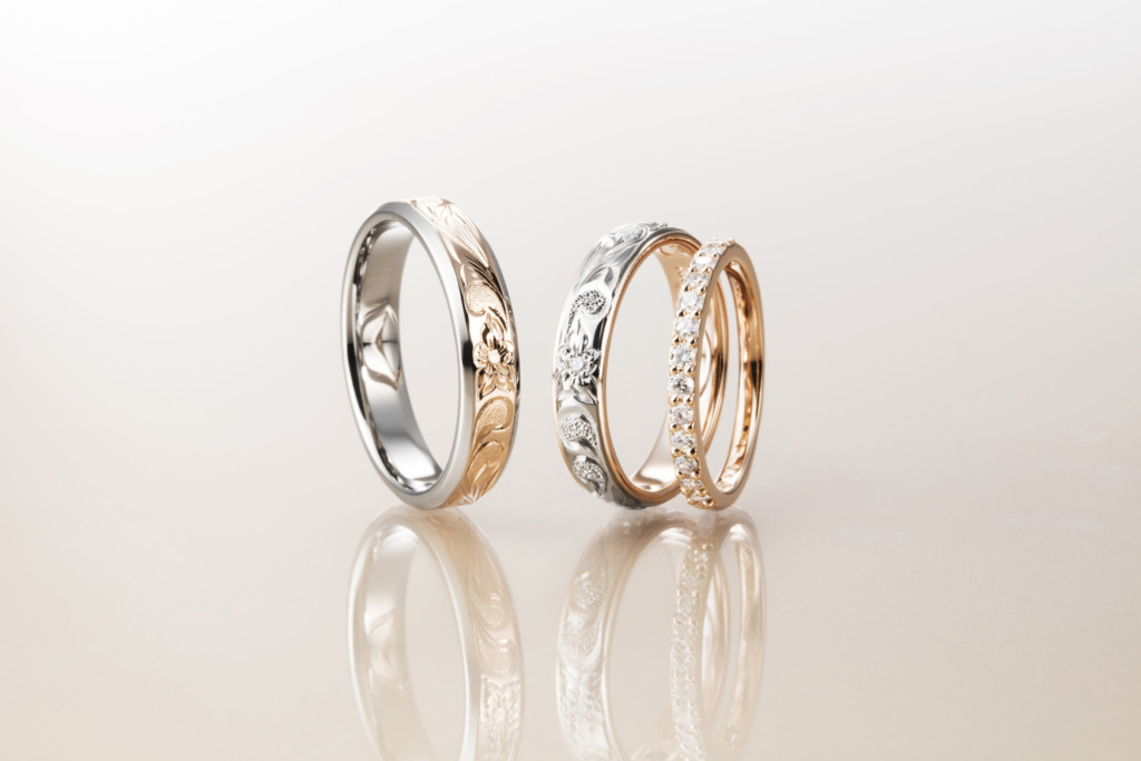 泉州でおすすめのハワイアンジュエリーブランドでマカナのレイヤータイプの結婚指輪デザインとエタニティリング